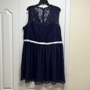 ASOS navy blue dress with sheer lace top and white bow sash size 20